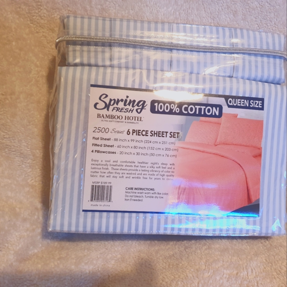 Spring Fresh Bamboo Hotel 2500 Series. Bedding Set. Queen. Blue and White.